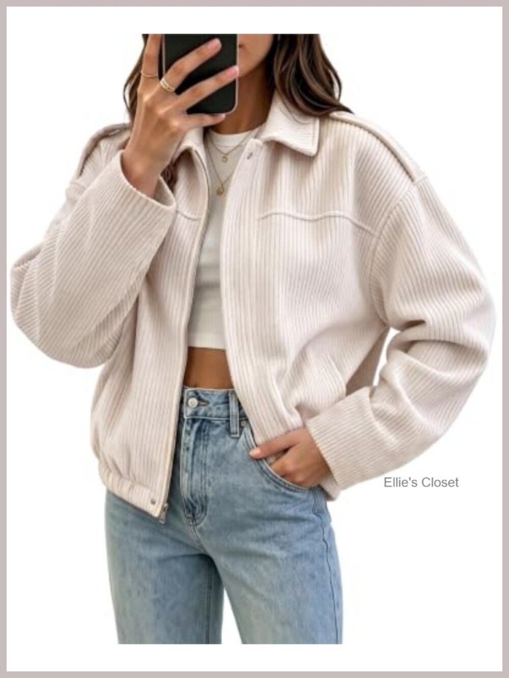 Cropped Corduroy Zip Up Stand Collar Long Sleeve Oversized Loose Fit Fall Jacket